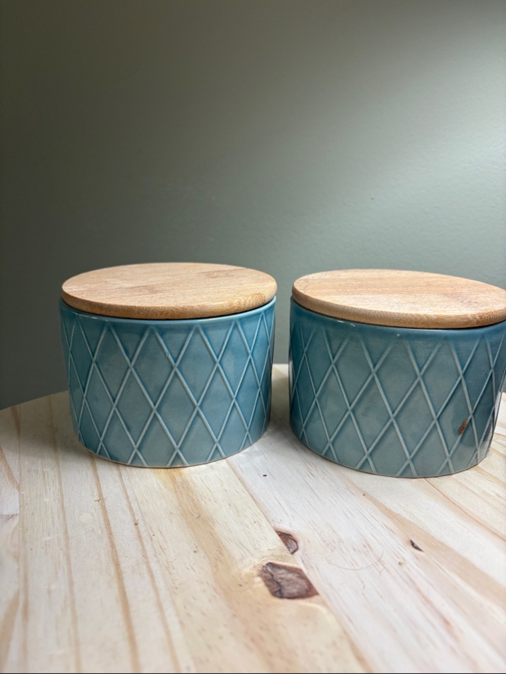 Blue Ceramic Storage Canisters with Wood Lids